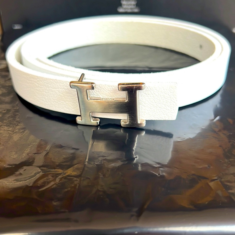 White with silver buckle H leather belt